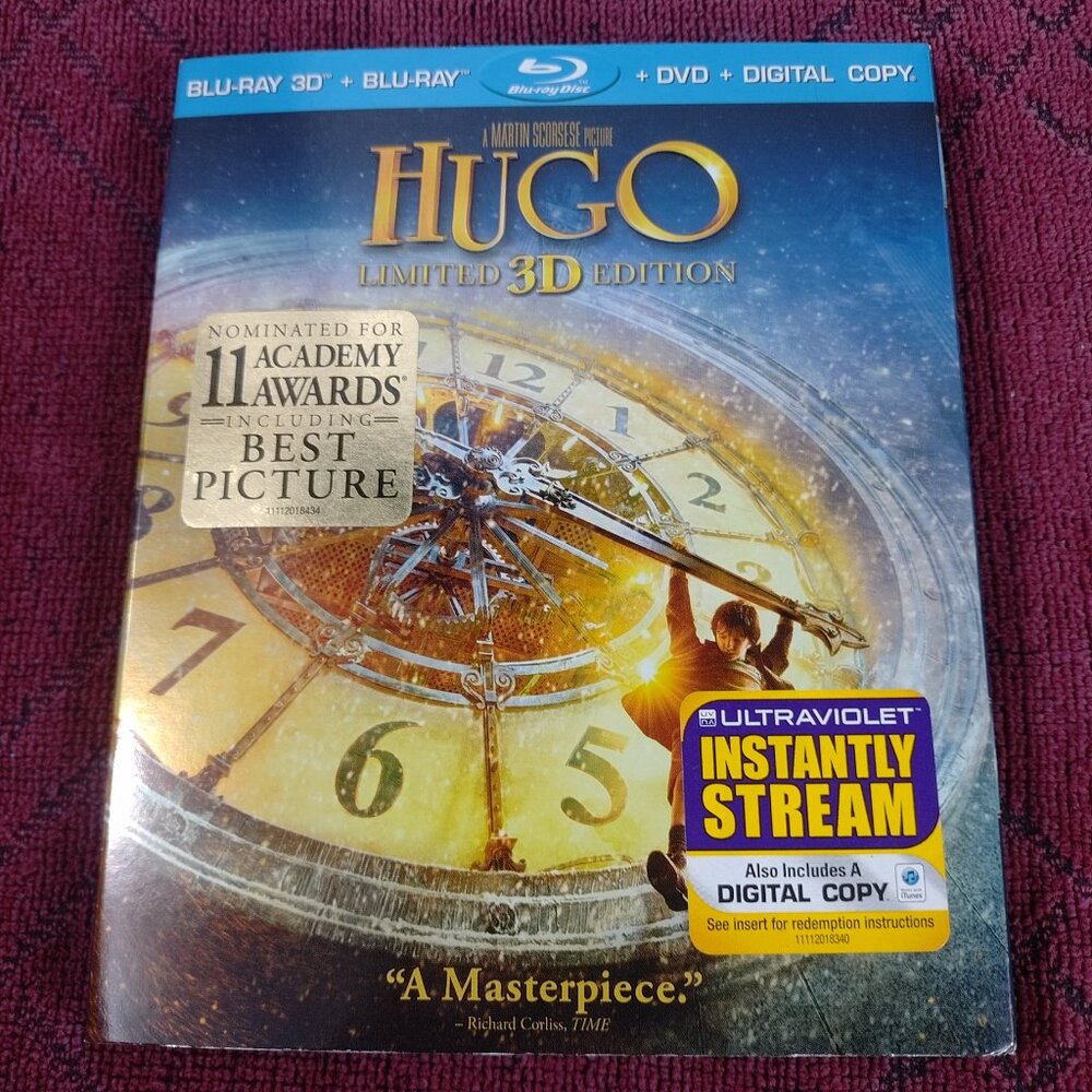 HUGO-2011-Rated PG-Limited Edition-3D-w/Slipcover-3 Disc Blu/ray DVD-Used